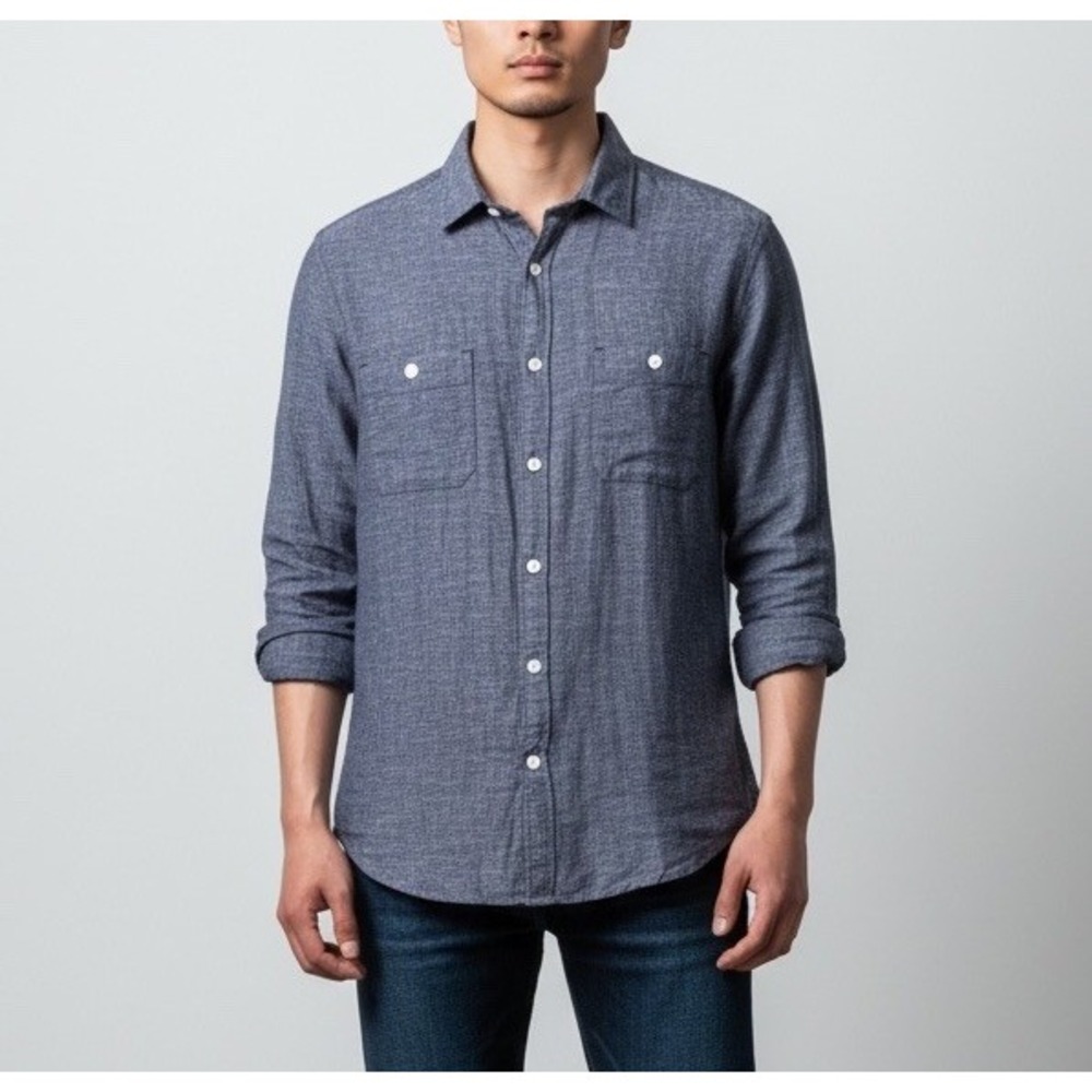 Mens M EXPRESS Linen Navy Blue Long Sleeve Button Up Shirt 2 Pockets